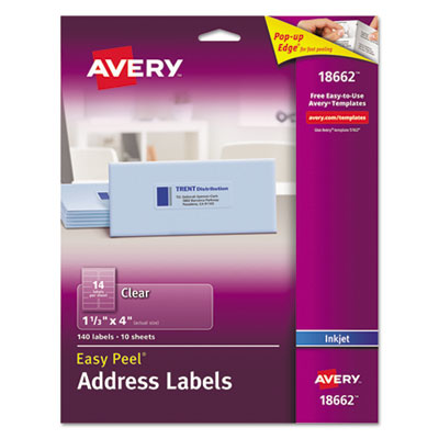 Matte Clear Easy Peel Mailing Labels w/ Sure Feed Technology, Inkjet Printers, 1.33 x 4, Clear, 14/Sheet, 10 Sheets/Pack