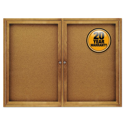 Enclosed Indoor Cork Bulletin Board with Two Hinged Doors, 48 x 36, Tan Surface, Oak Fiberboard Frame
