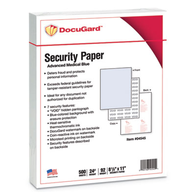 Medical Security Papers, 24 lb Bond Weight, 8.5 x 11, Blue, 500/Ream