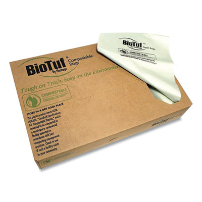 Biotuf Compostable Can Liners, 30 to 33 gal, 0.9 mil, 33" x 39", Light Green, 25 Bags/Roll, 8 Rolls/Carton