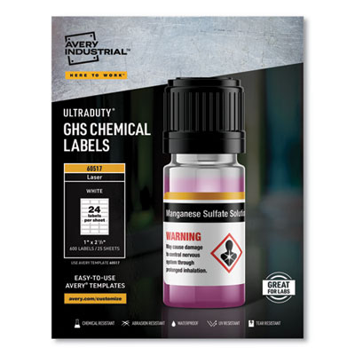 UltraDuty GHS Chemical Waterproof and UV Resistant Labels, 1 x 2.5, White, 24/Sheet, 25 Sheets/Pack