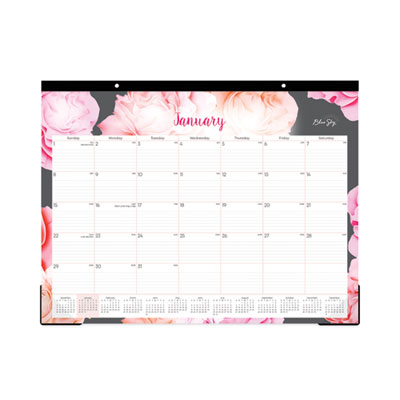 Joselyn Desk Pad, Rose Artwork, 22 x 17, White/Pink/Peach Sheets, Black Binding, Clear Corners, 12-Month (Jan-Dec): 2024