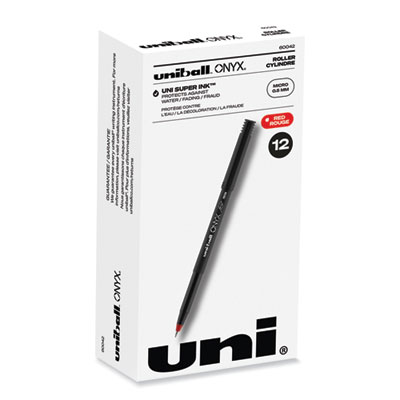 ONYX Roller Ball Pen, Stick, Extra-Fine 0.5 mm, Red Ink, Black/Red Barrel, Dozen
