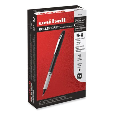 Grip Roller Ball Pen, Stick, Fine 0.7 mm, Black Ink, Black Barrel, Dozen