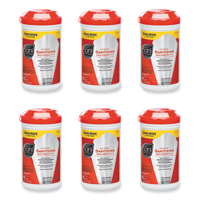 No-Rinse Sanitizing Multi-Surface Wipes, Unscented, White, 95/Container, 6/Carton