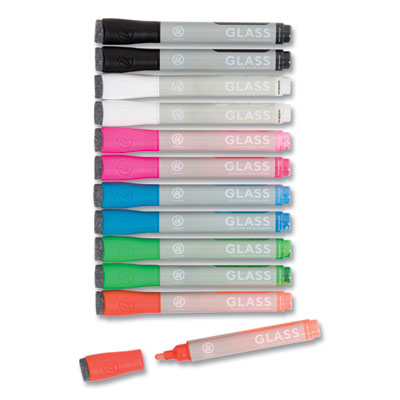 Bullet Tip Low-Odor Liquid Glass Markers with Erasers, Broad Bullet Tip, Assorted Colors, 12/Pack